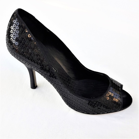 Enzo Angiolini Black Reflective Sequin Peep Toe Heels Leather 9.5 - Picture 2 of 5